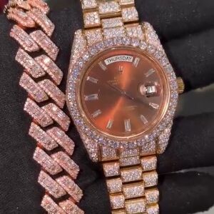 Diamond-Style Rolex Rose Gold Day-Date Watch & Cuban Bracelet